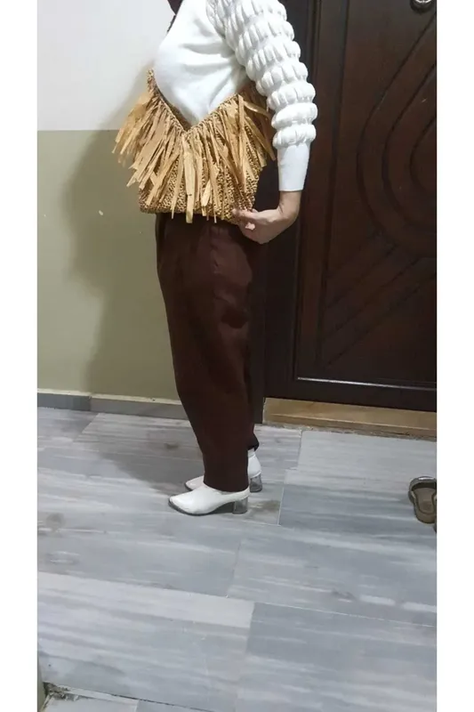 El Örgüsü Rafya Püsküllü Çanta Yazlık Hasır Görünümlü El Yapımı Çanta