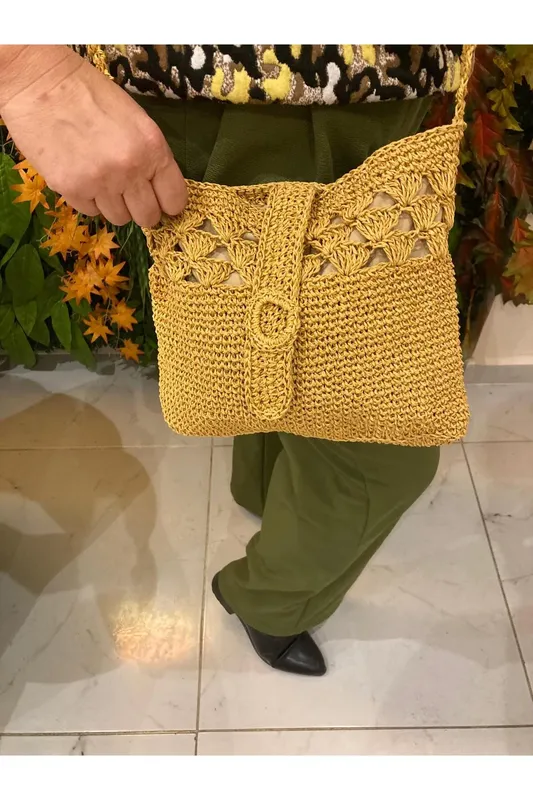 Doğal Hasır Örme Kahverengi Kadın Omuz Çantası Yazlık Şık Tasarım