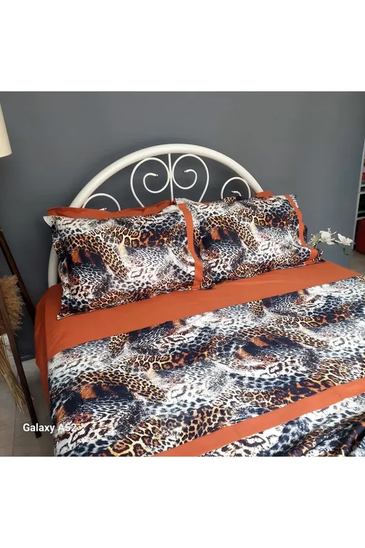 ÇİFT KİŞİLİK DİJİTAL BASKI LEOPAR DESENLİ TURUNCU RENK NEVRESİM TAKIMI