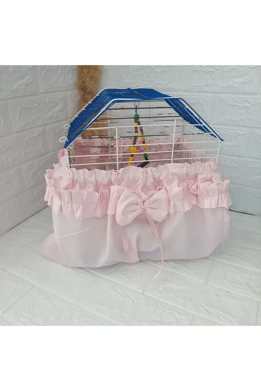 Pembe Fiyonklu ve Fırfırlı  Şık Kuş Kafes Tülü