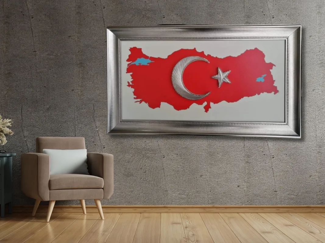 El Yapımı Türk Bayrağı Filografi Tablo  30x50 cm  Vatansever Dekoratif Sanat