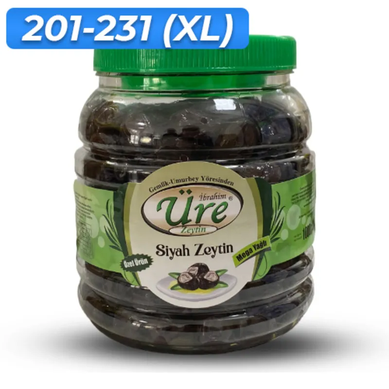 Üre Mega Sofralık Siyah Zeytin NET 1kg CAM PET Özel Üretim
