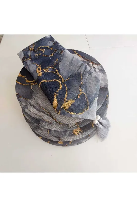 Linen Keten Gri Mermer Desenli Supla Seti | 6 Supla + 6 Supla Örtüsü + 1 Runner