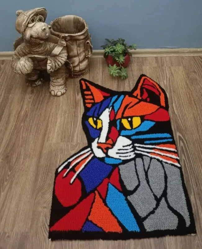 Kedi Motifli  Tufting El Dokuması Süs Halı 64 X42 Cm