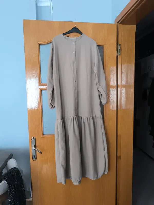 Uzun elbise uzun kollu açık kahve rengi muslin kumaş 38 40 beden uyumlu