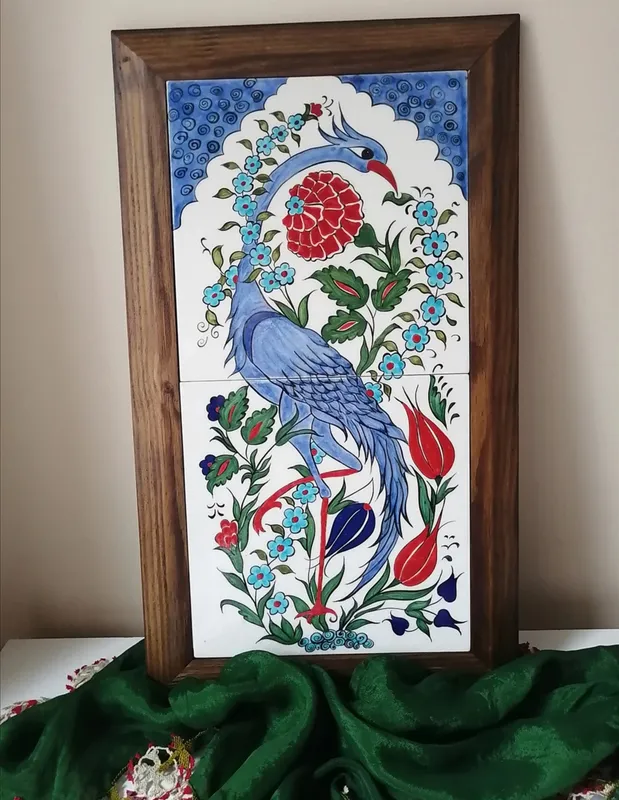 Mavi Kuş Figürlü El Yapımı İznik Çini Tablo 20x40 cm