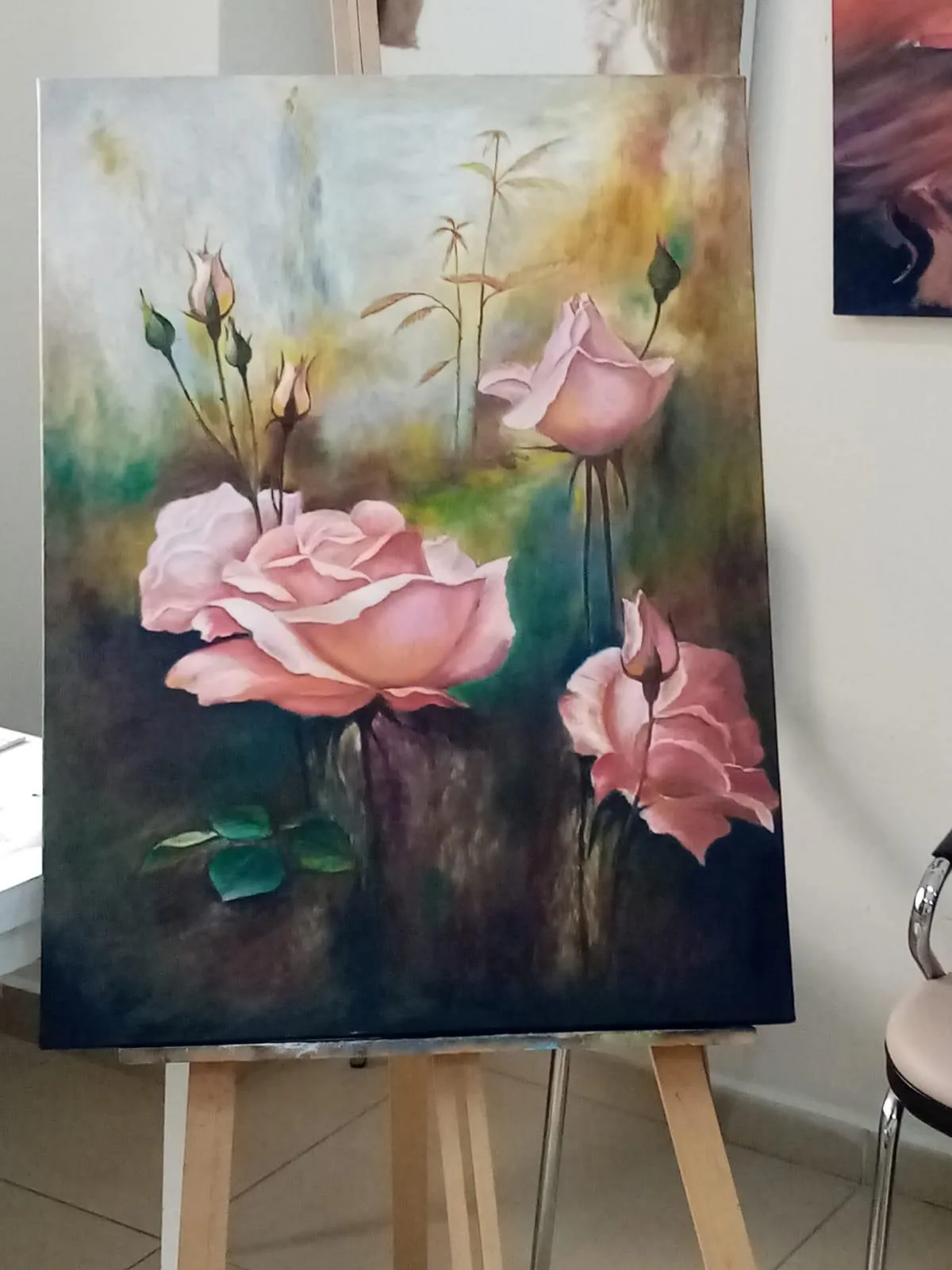 Pembe Gül Detaylı Yağlı Boya Tablosu