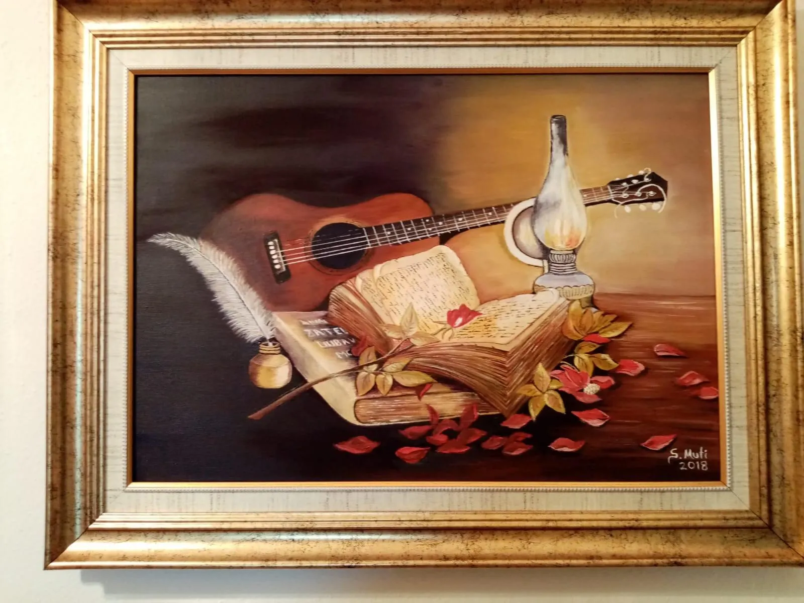 Gitar ve Kitap Temalı Yağlı Boya Tablo