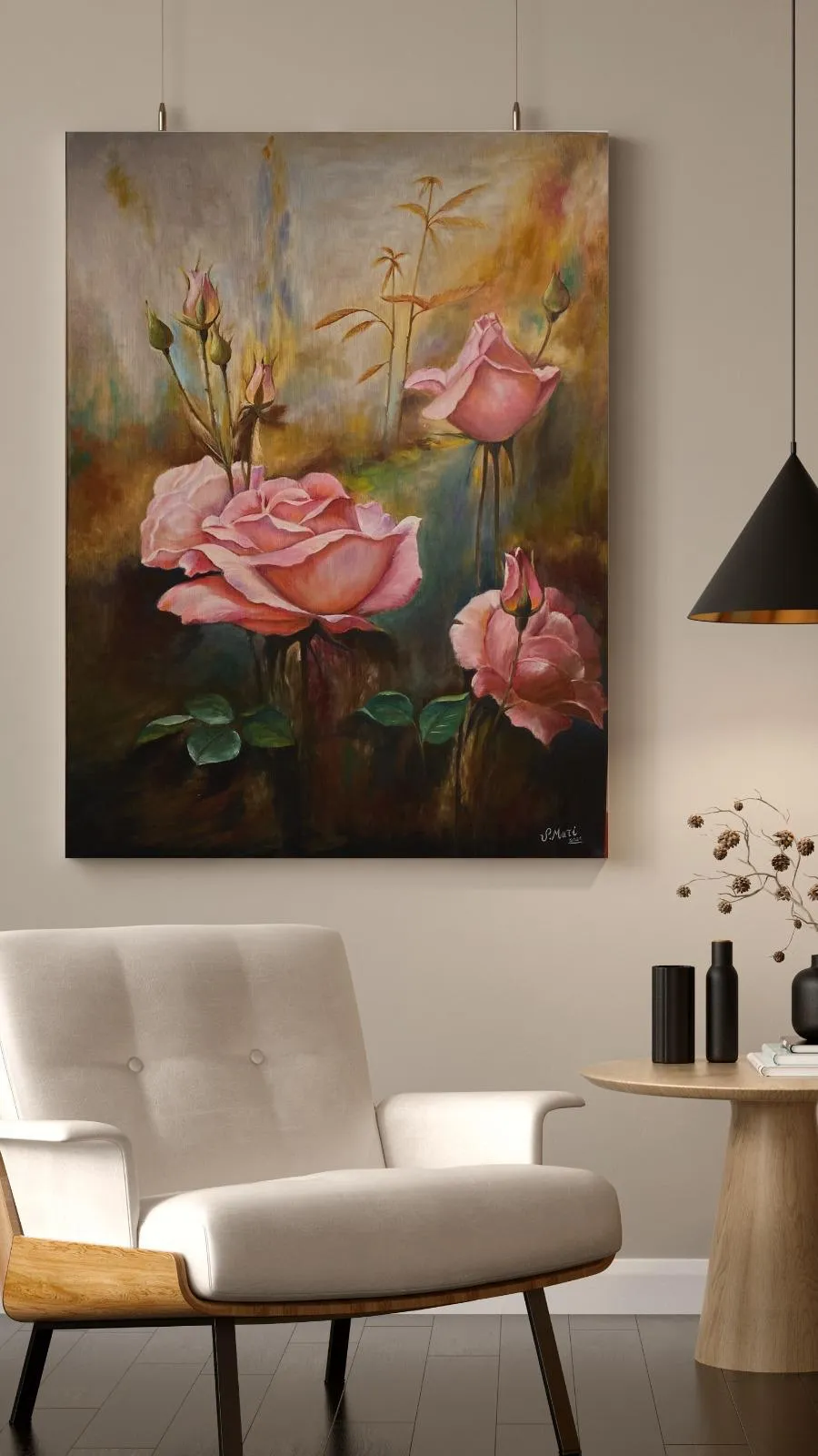 Pembe Gül Detaylı Yağlı Boya Tablosu