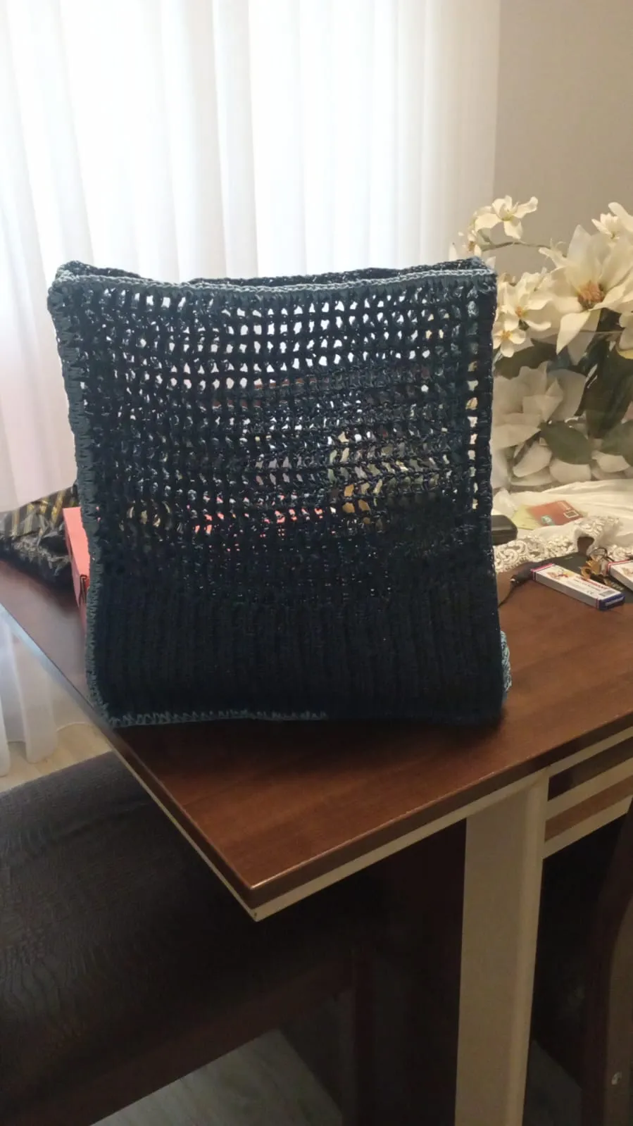 El Yapımı Lacivert Örgü Pazar ve Plaj Çantası – Büyük Boy File Tote Model