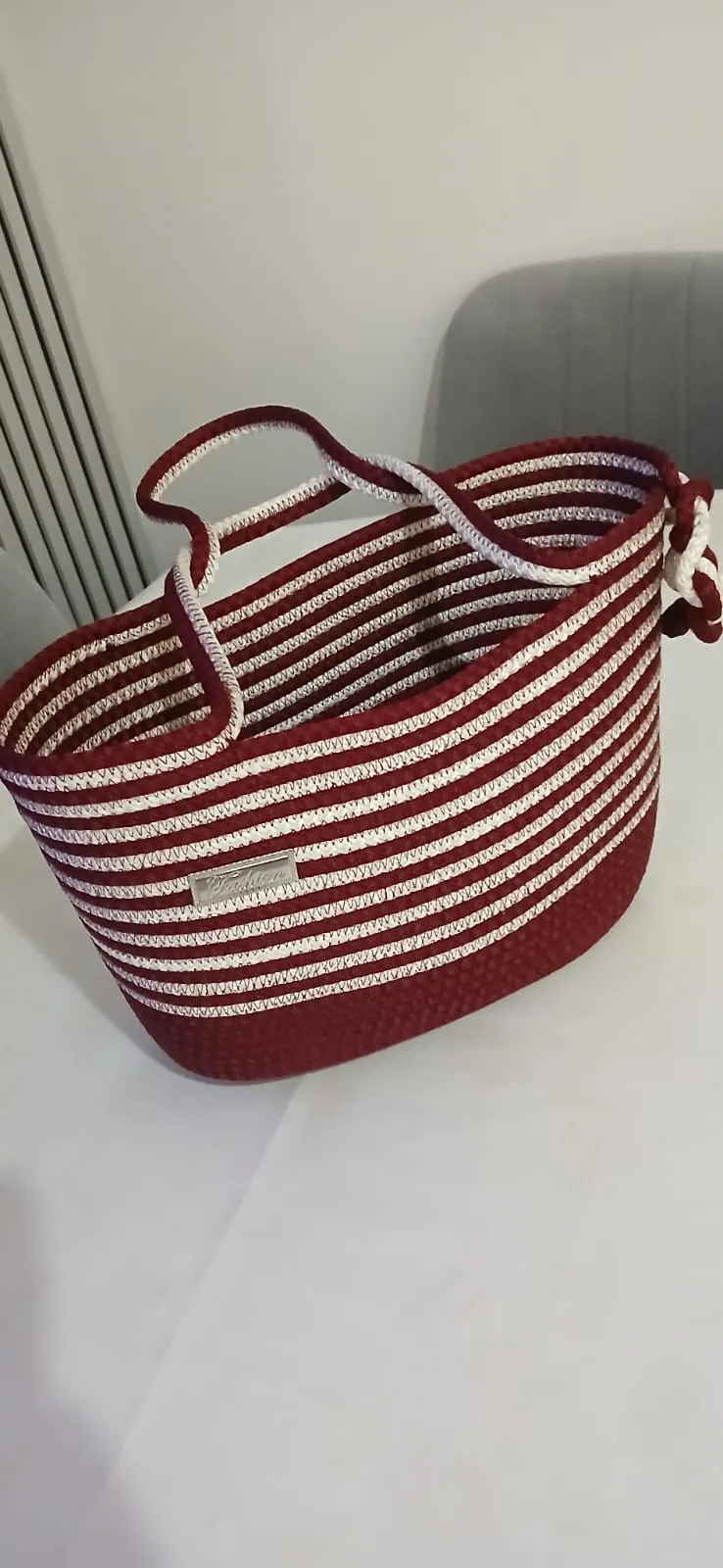 Bordo Krem Çizgili Büyük El Çantası