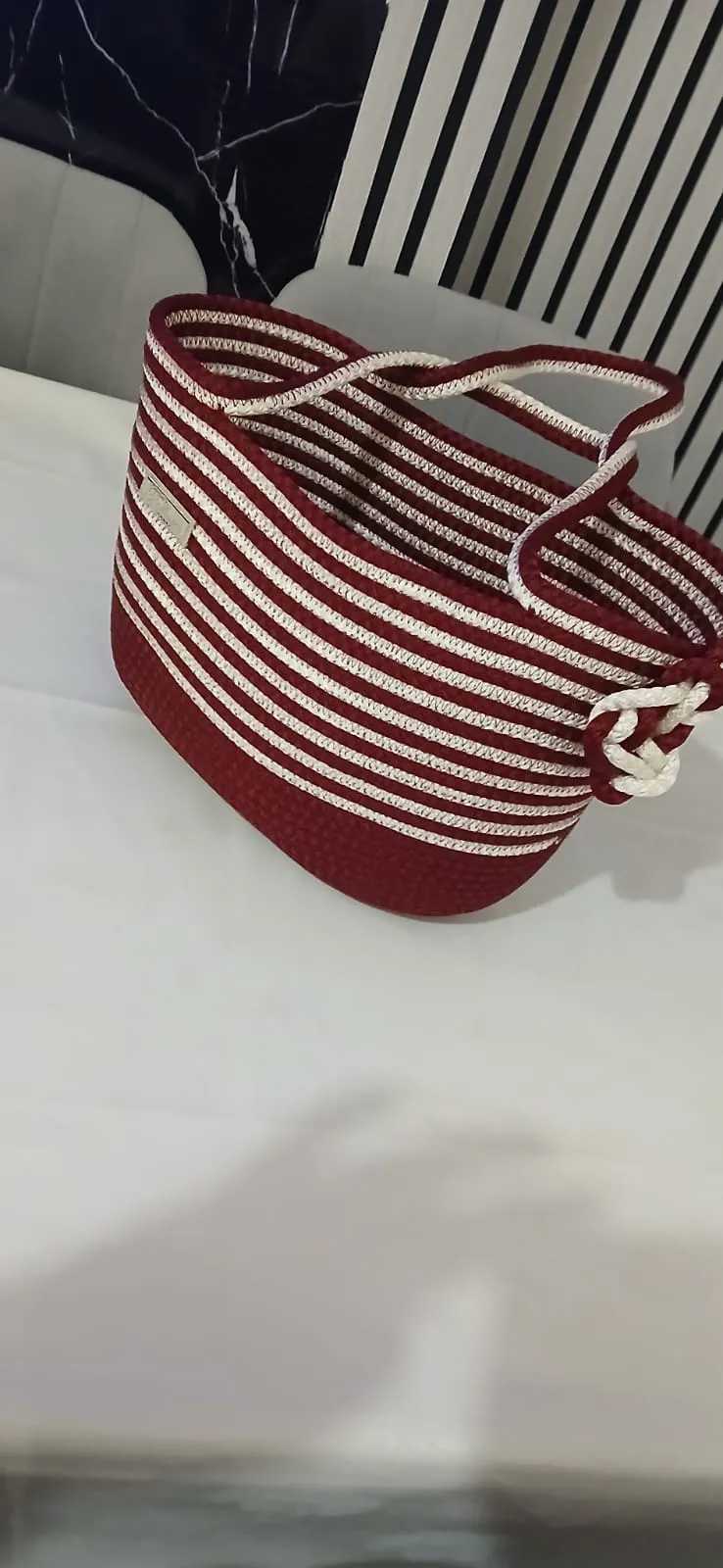 Bordo Krem Çizgili Büyük El Çantası